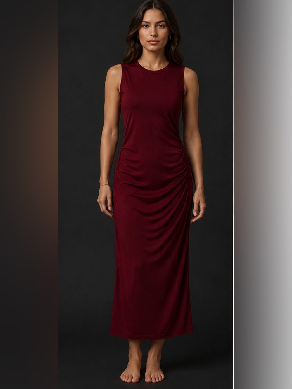 James Perse Sleeveless Ruched Maxi Dress in Burgundy